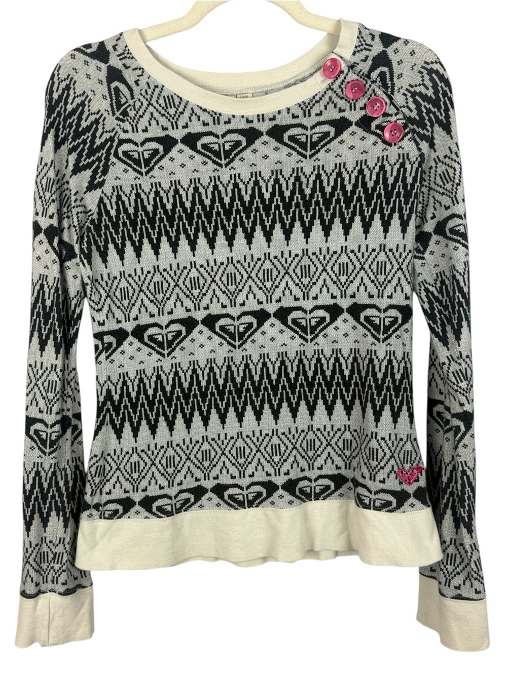 Roxy Fair Isle Intarsia Knit Long Sleeve Top Pink Accent Buttons Large